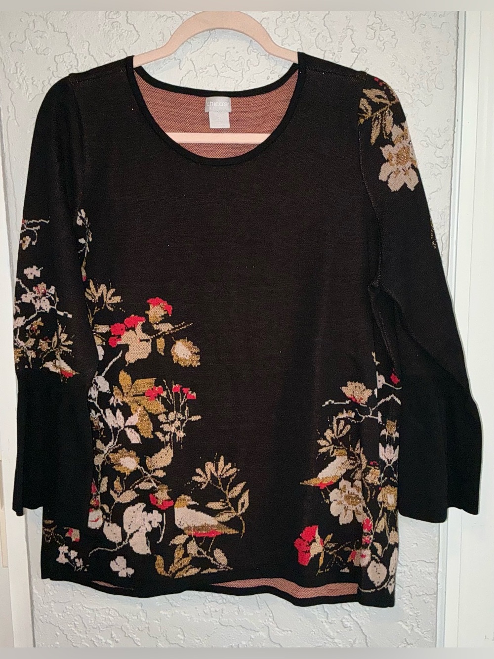 Chico's Black Sweater with Red and Gold Jacquard